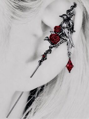 Raven~ Edgar Poe Perched Crow Rose Blood Droplet Macabre Crawler Climber Ear Pin